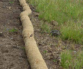 Excelsior erosion control logs deployed on a slope.